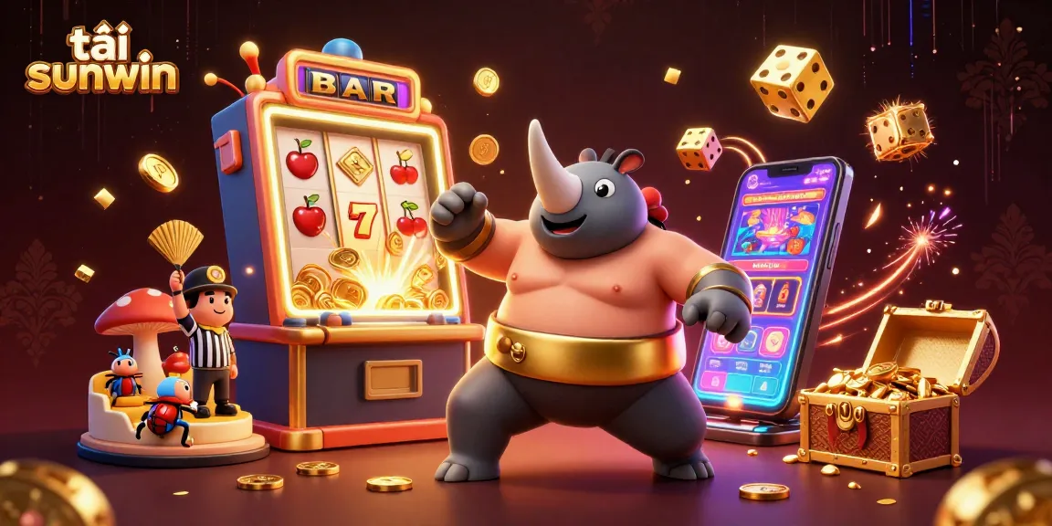 Experience the excitement of tải sunwin with a vibrant 3D scene featuring a sumo champion, jackpot machines, and fluttering coins.