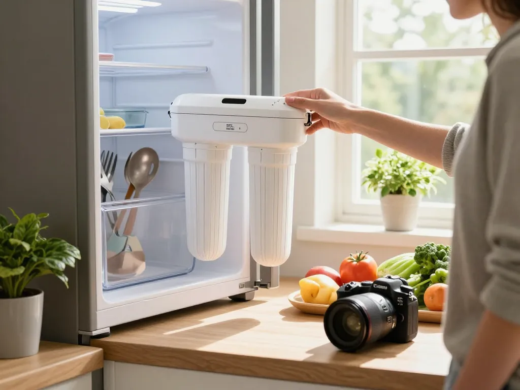 EcoAqua WF1CB Refrigerator water Filter replacement in a bright kitchen, showcasing easy installation.