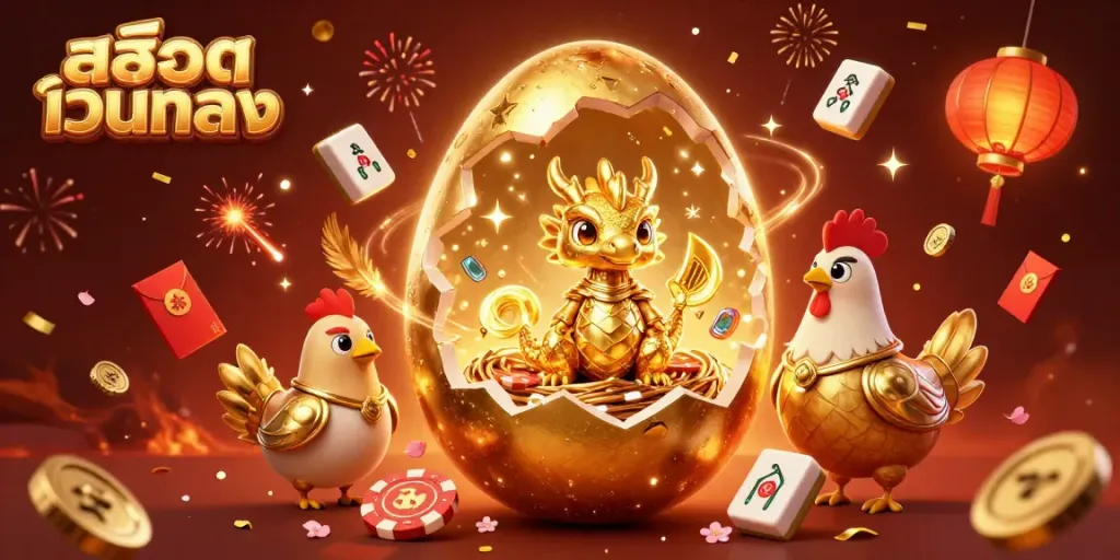 Experience the excitement of สล็อตเว็บตรง with a golden dragon and poker chips in a festive casino atmosphere.