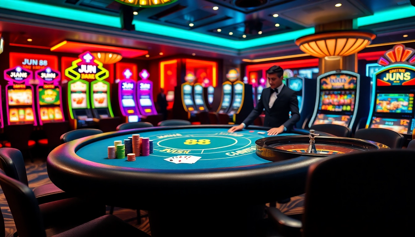 Experience thrilling poker action at Jun 88's vibrant casino tables with colorful chips.