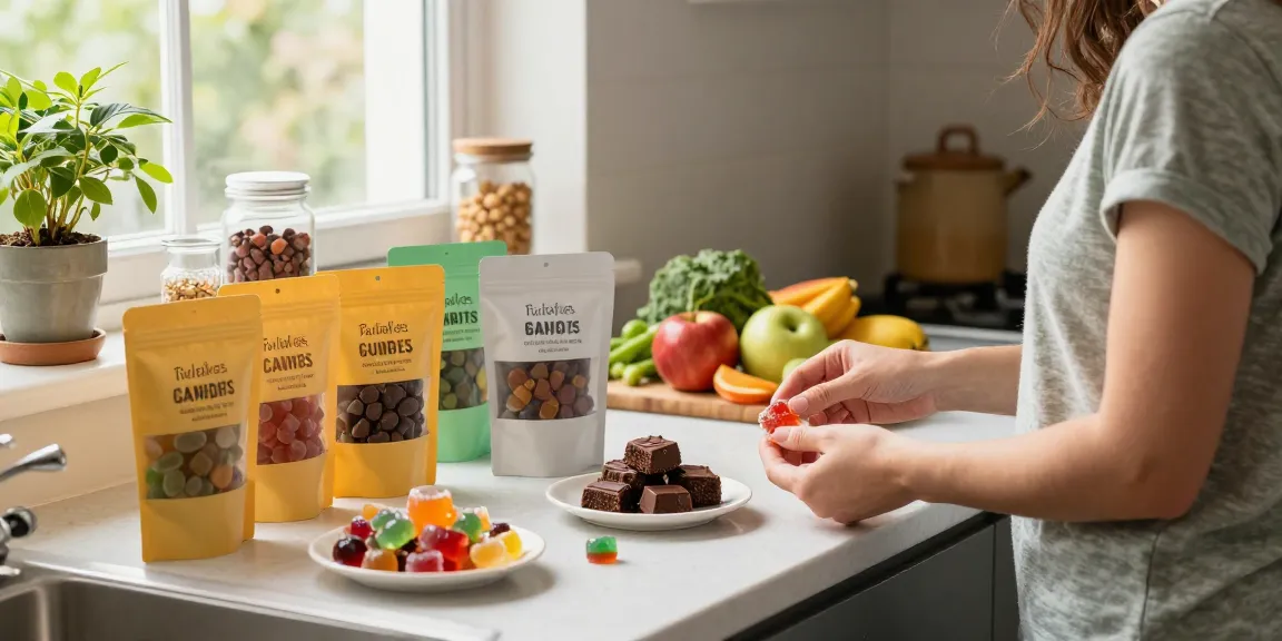 Explore colorful cannabis-infused Edibles UK assortment in a cozy kitchen setting.