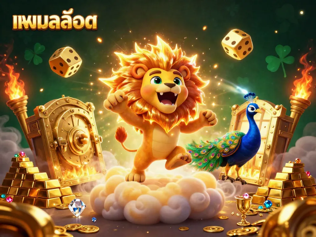 Experience the thrill of แบบสล็อต as golden dice tumble and treasures gleam in a vibrant casino scene.