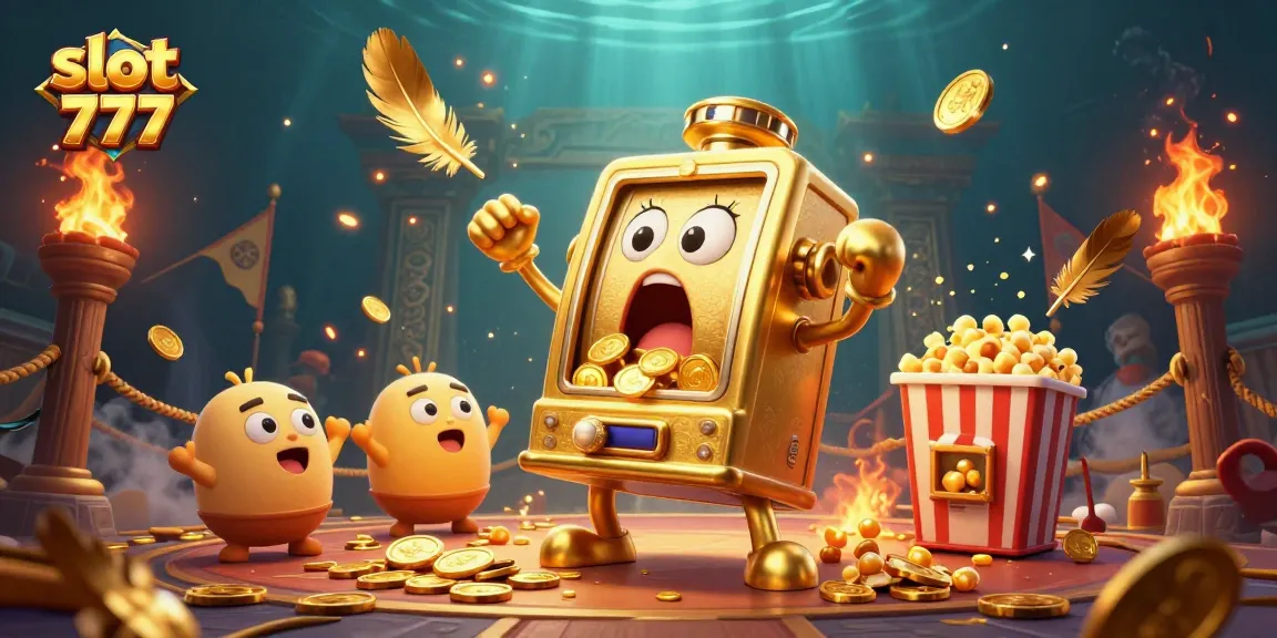 Watch the golden slot 777 machine hit the jackpot, pouring coins as it celebrates amidst a vibrant casino scene.