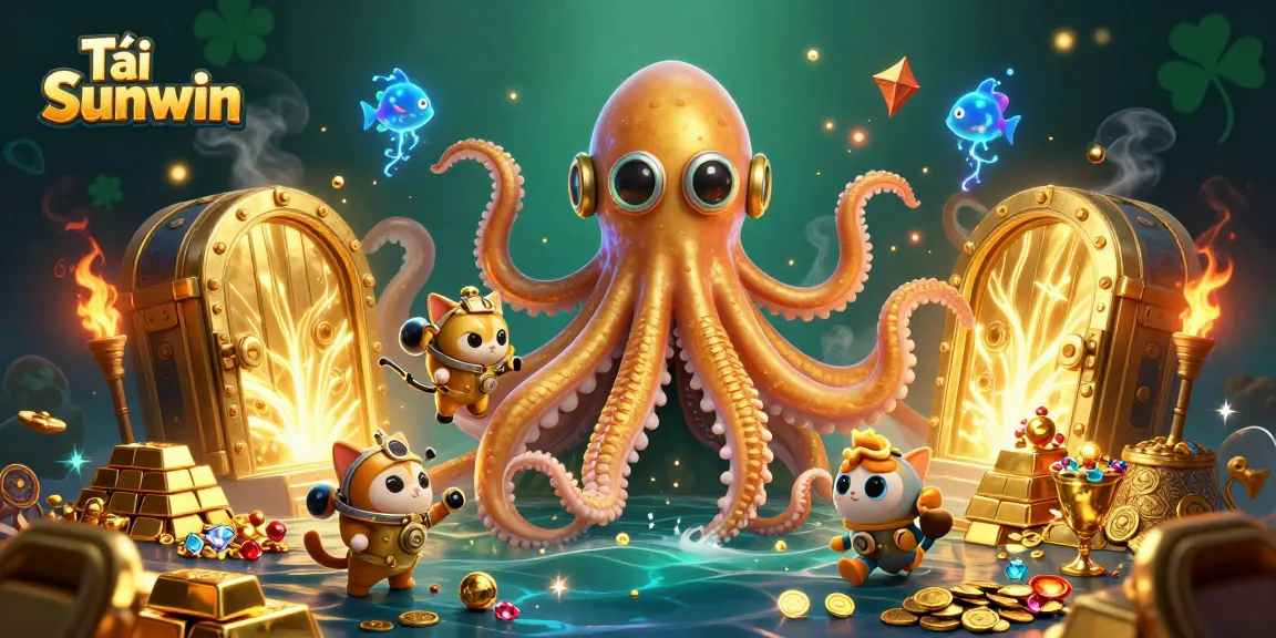 Tải Sunwin with a colossal kraken, vintage diving cat, and treasure elements in a vibrant ocean scene