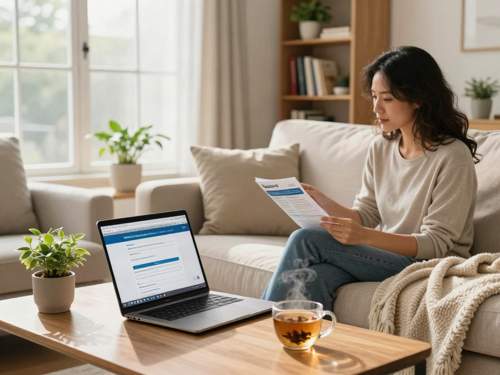Individual comfortably exploring options for an online medical card Texas in a cozy living room.