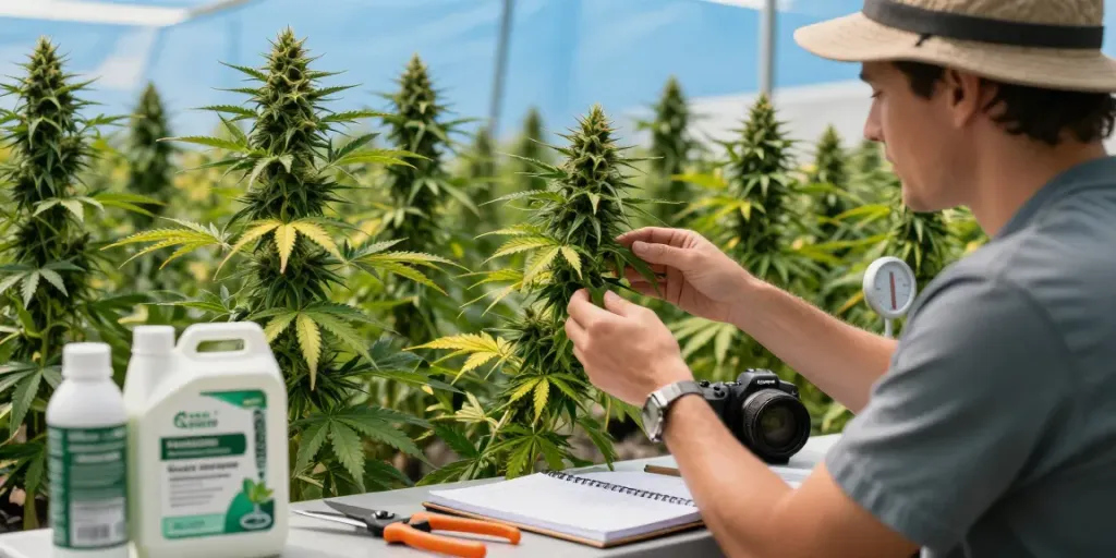Experienced grower inspecting triploid seeds growth in lush cannabis field.