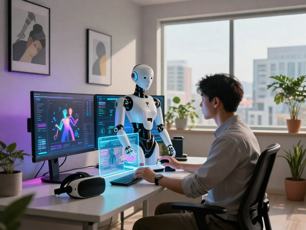 Individual engaging with a futuristic sex bot in a high-tech workspace