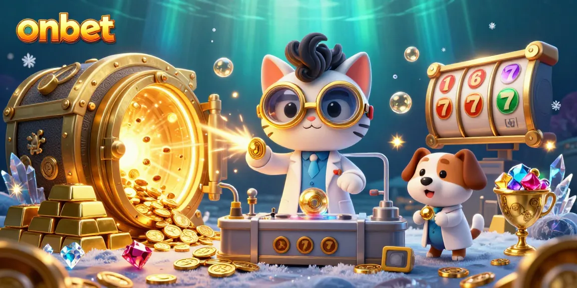 Engage with onbet's thrilling world of slots and jackpots, illuminated by vibrant 3D elements.