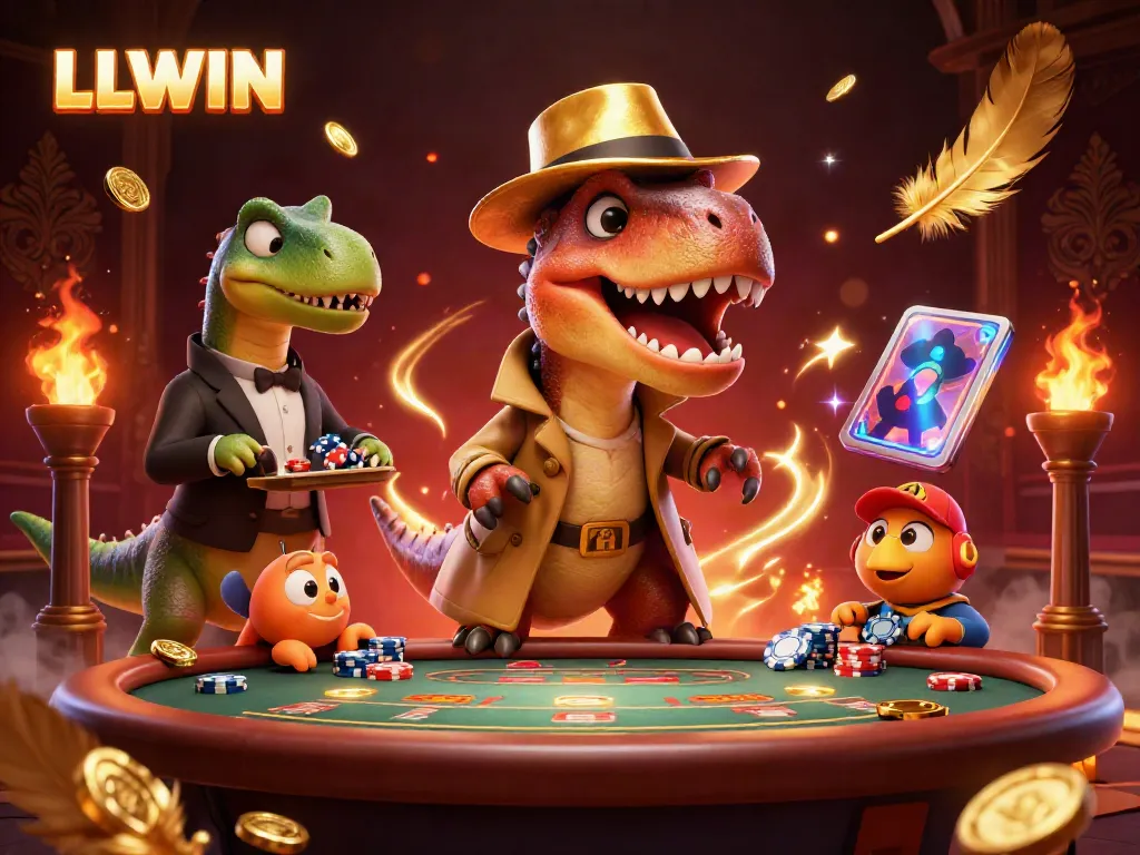 Experience thrilling blackjack action with LLWIN's 3D velociraptor card counter at an exciting casino.