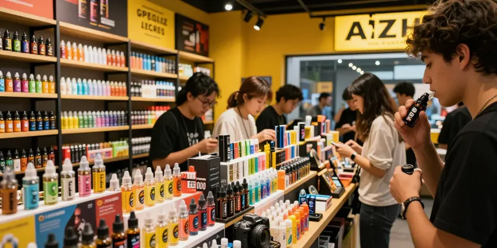 Genieße den authentischen Geschmack des Al Fakher Doppelapfel Vape 8000 in einem modernen Vape-Shop mit bunten Flüssigkeiten und einladender Atmosphäre.