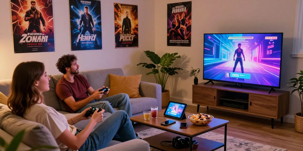 Couple enjoying a porngame on a console in a cozy living room.