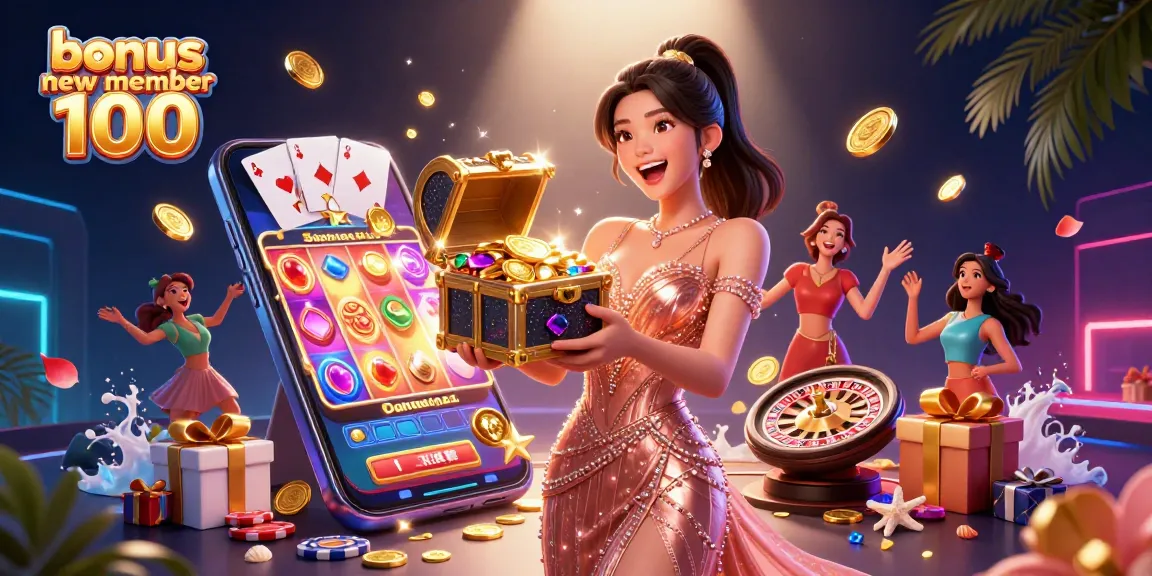Claim your bonus new member 100 with excitement as coins cascade from a treasure chest in a vibrant casino scene.