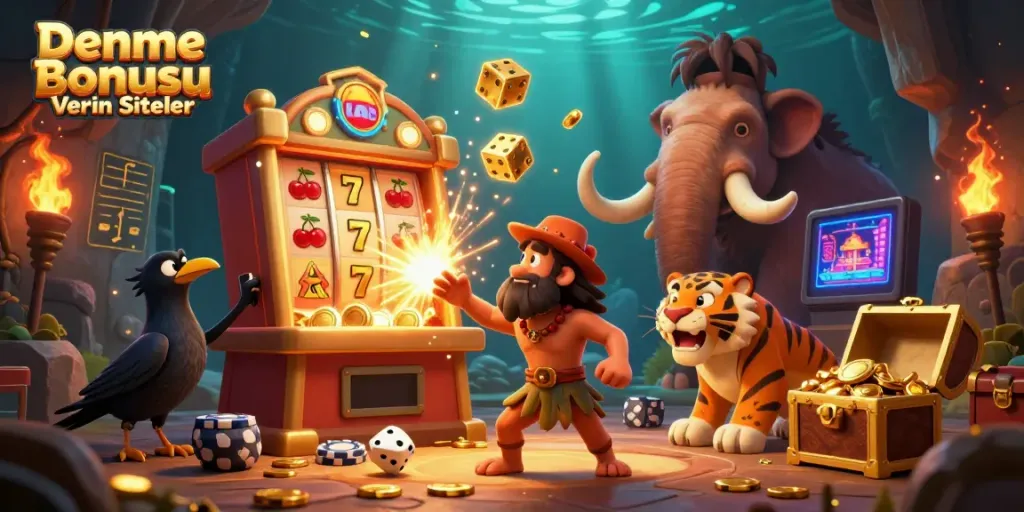 Spin to win at Deneme Bonusu Veren Siteler with vibrant casino action featuring a dynamic prehistoric scene.