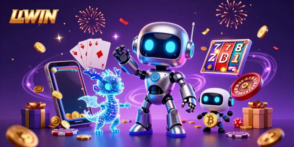 Experience the thrill of LLWIN with a vibrant 3D illustration of a cyberpunk robot and casino elements.