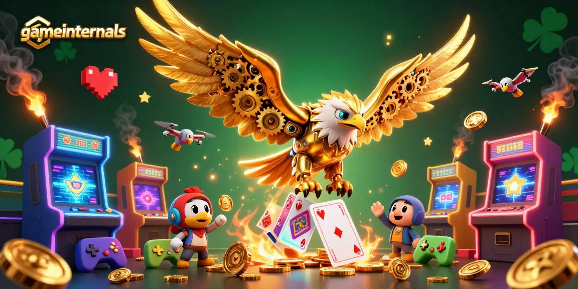 Gameinternals showcases a dynamic scene of a golden eagle amid gambling elements, capturing gaming action.
