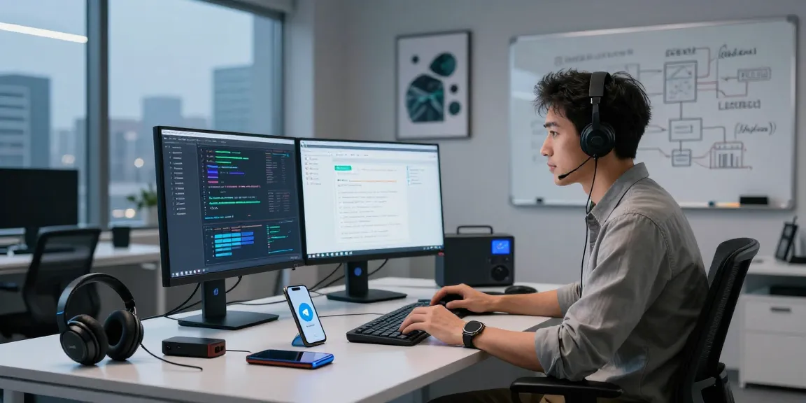 Tech support expert resolving issues on telegram官网 with dual monitors and urban view.