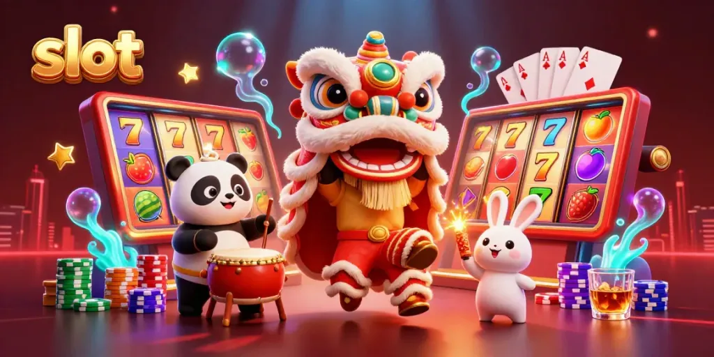 Experience vibrant slot excitement with lion dance characters and casino elements.