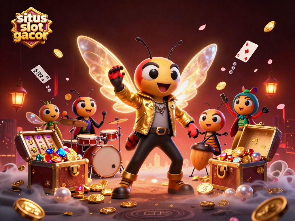 situs slot gacor shows a vibrant scene with a cicada rock star, beetle drummer, and dynamic casino elements.