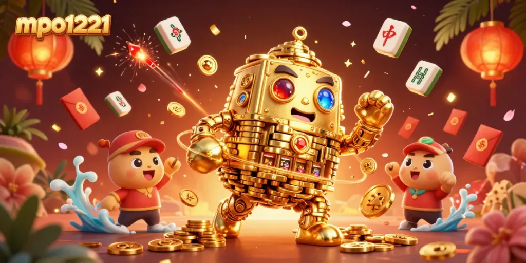 Engage with mpo1221's rich casino scene featuring a golden golem and vibrant game elements.