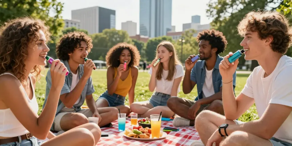Friends enjoying Hitz Infinity Gen 7 vapes at a sunny outdoor gathering, showcasing vibrant urban lifestyle.