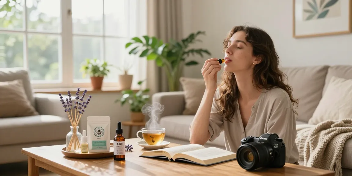 Serene wellness moment with CBD oil from https://cbdnorth.co in a cozy living room setting.