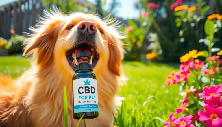 Happy dog with CBD For Pet products in a sunny backyard, showcasing wellness and energy.