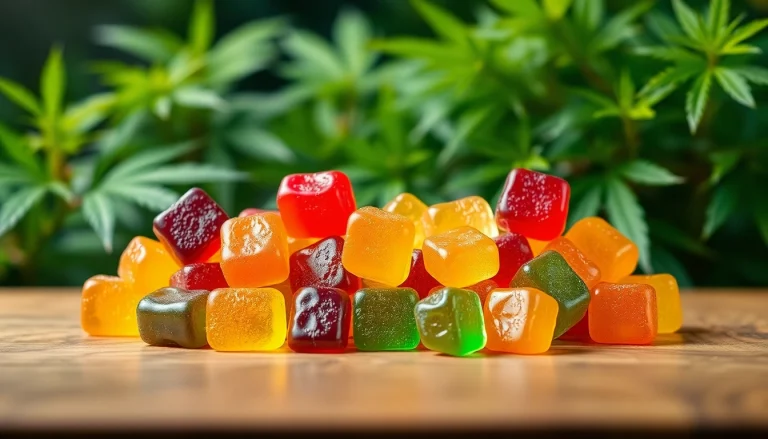 Showcase of colorful Weed Gummies on a wooden table, highlighting their vibrant textures and natural appeal.