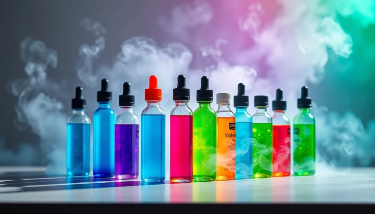 Showcase of Vape & E-Liquids with colorful bottles and vapor for a vibrant atmosphere.
