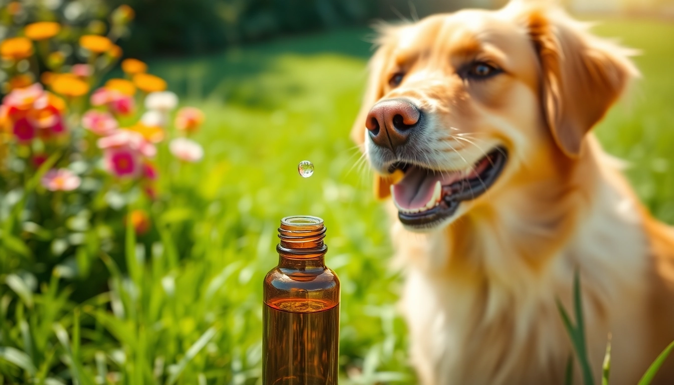 Cheerful dog engaging with CBD Oil For Dog in a sunny garden setting.