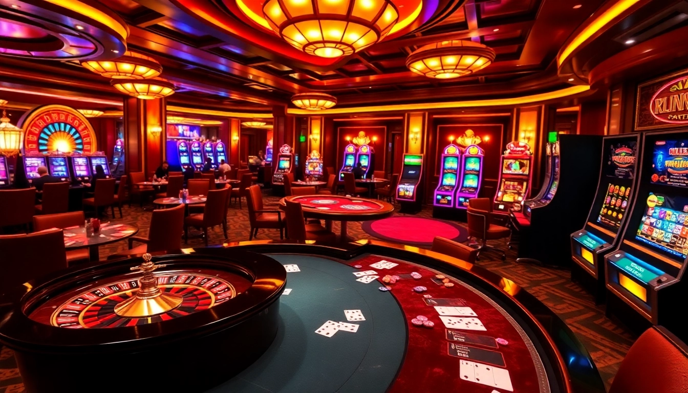Experience the thrill of gaming at https://www.6l777.club/ with this vibrant casino scene showcasing roulette and slot machines.