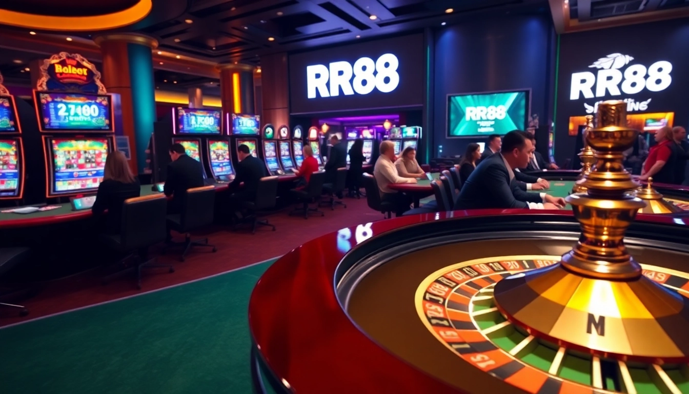 RR88 casino scene showcasing excitement with roulette wheel and slot machines