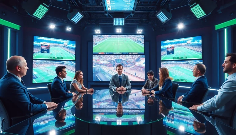 Engaging presenters in sports broadcasting studio analyzing live events.