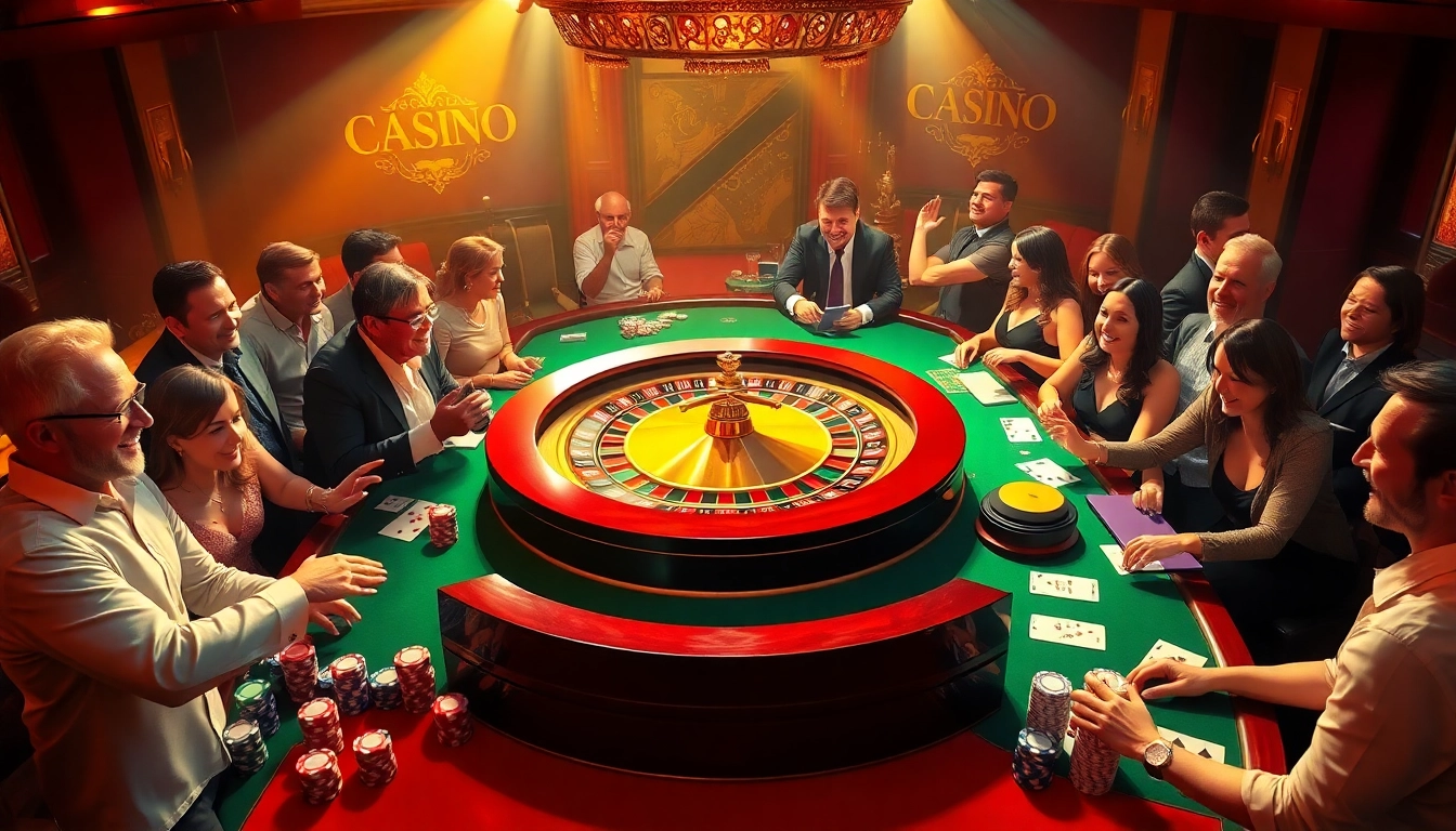 Gamblers enjoying a luxurious casino experience at https://rr88co.net/ with roulette wheel and poker chips.