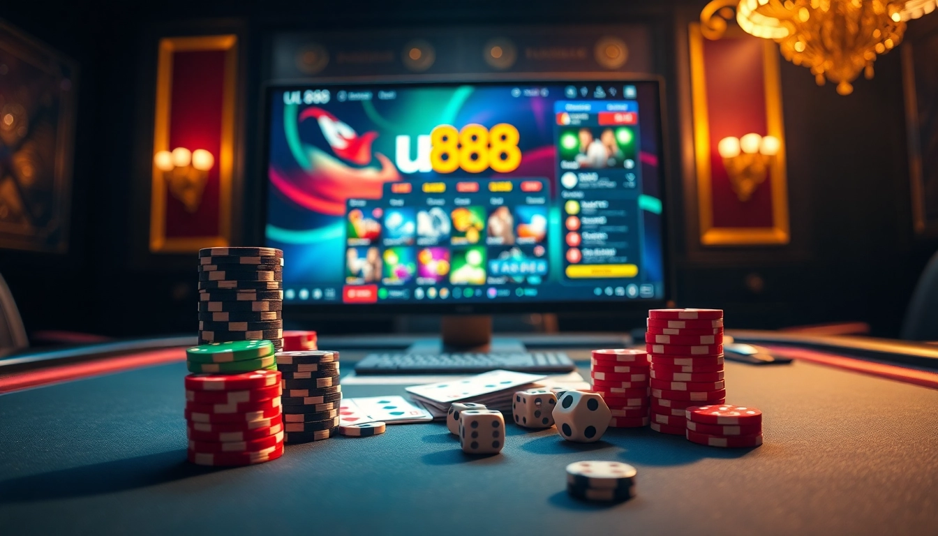 Experience the excitement at u888 with poker chips, cards, and a vibrant online interface.