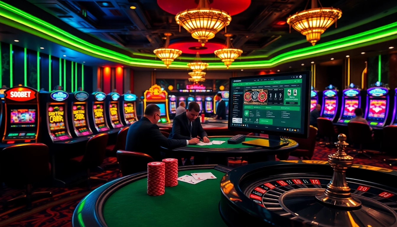 Experience the excitement of link alternatif sbobet with a luxurious poker table scene surrounded by glowing slot machines.