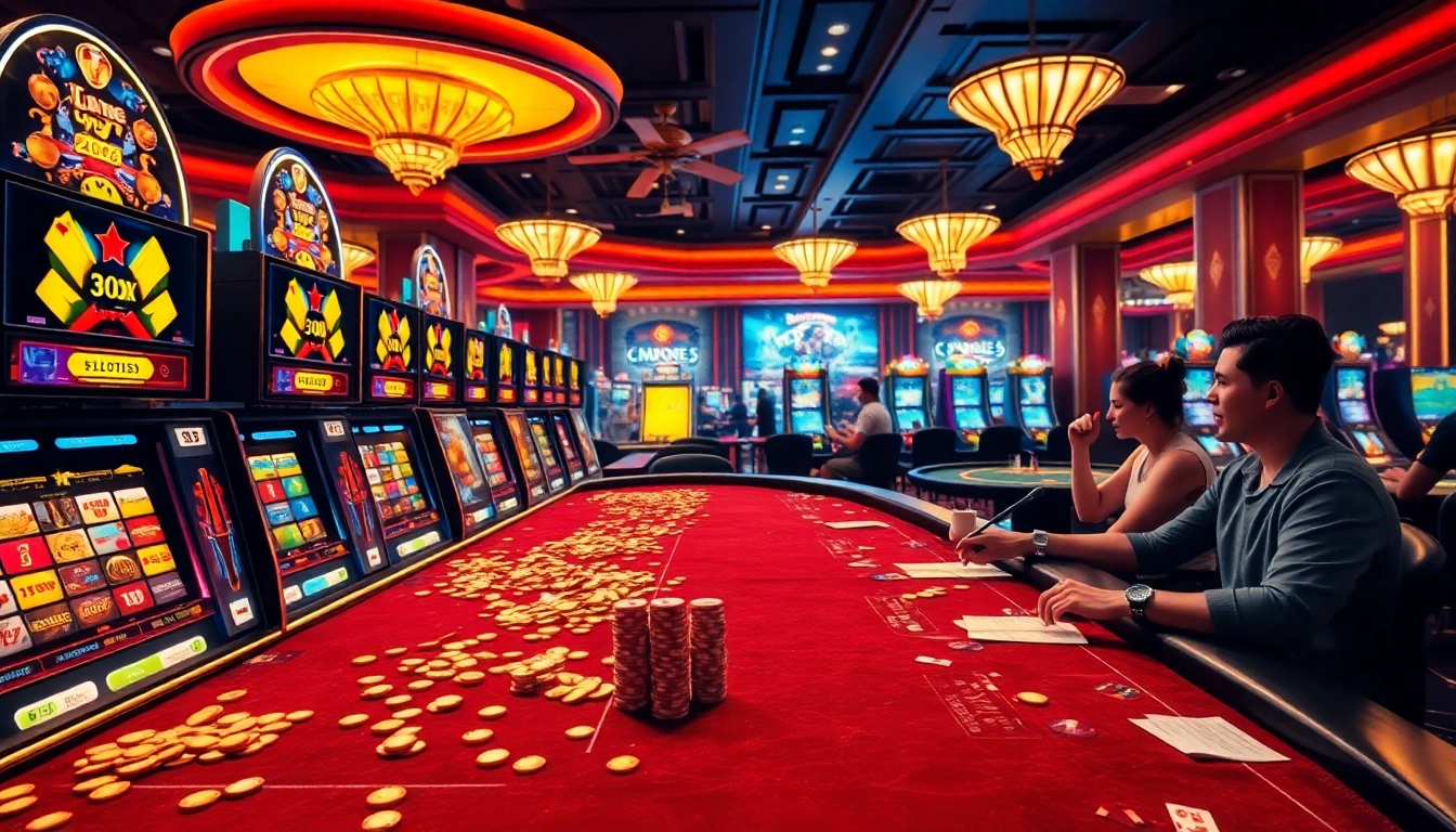 Engaging online gambling scene with casino elements from https://taigo88.team/ featuring players and poker tables.