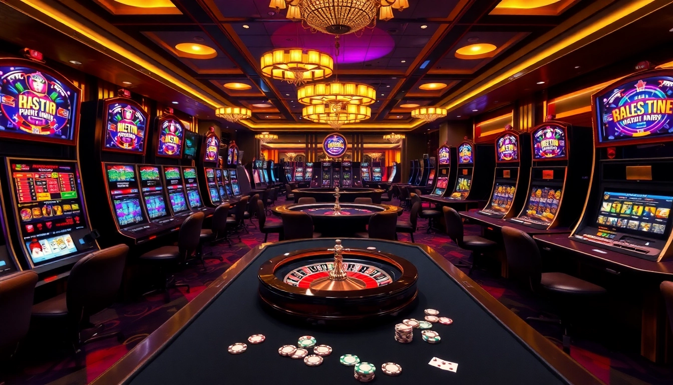 Experience the thrill of RR88 gaming with a lavish casino scene featuring slot machines and poker tables.