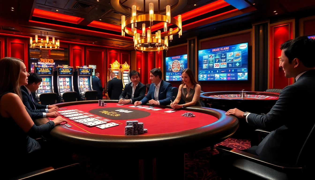 Players enjoying a thrilling game at 789club casino, featuring poker chips and cards.
