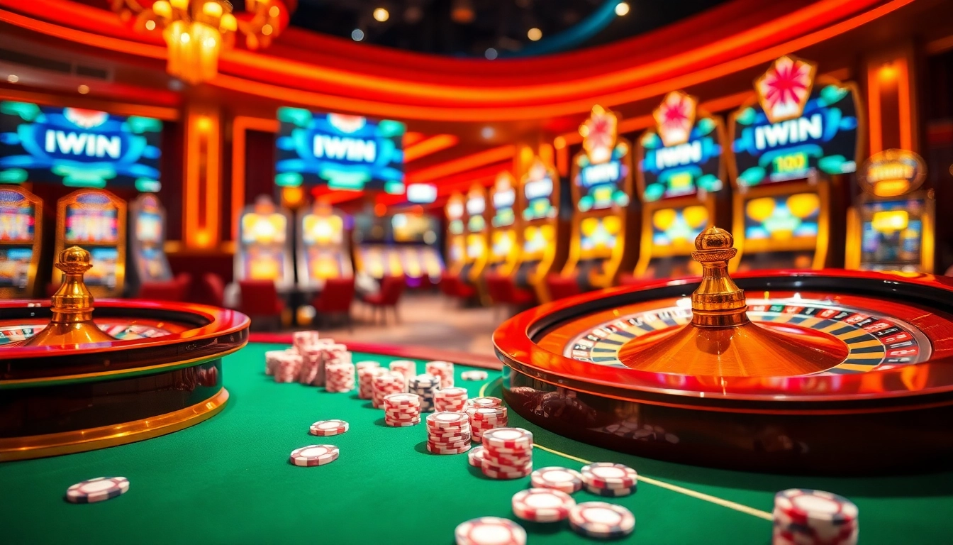 IWIN casino players engaging with thrilling roulette and slot machines in a luxurious setting.