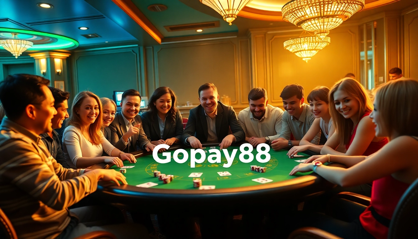 Players celebrating their wins at a casino table featuring Gopay88 gaming elements.