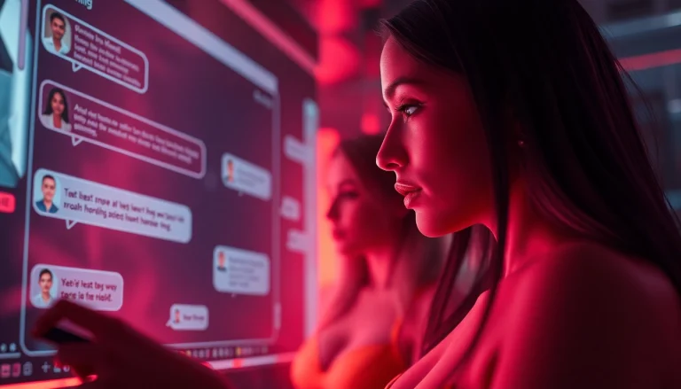 AI porn chat interface showcasing enticing interactions with characters in a futuristic setting.