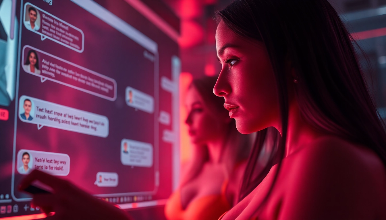 AI porn chat interface showcasing enticing interactions with characters in a futuristic setting.