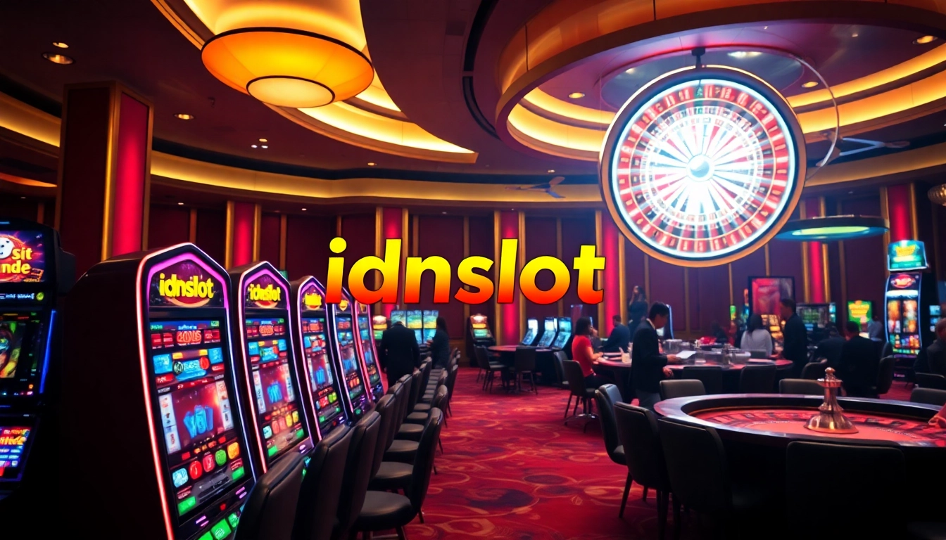 Players enjoying the excitement of idnslot in a vibrant casino setting with slot machines