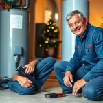 Emergency plumbers on holidays or weekends fixing a leak in a festive home, conveying trust and professionalism.