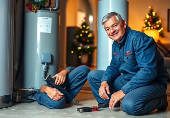 Emergency plumbers on holidays or weekends fixing a leak in a festive home, conveying trust and professionalism.