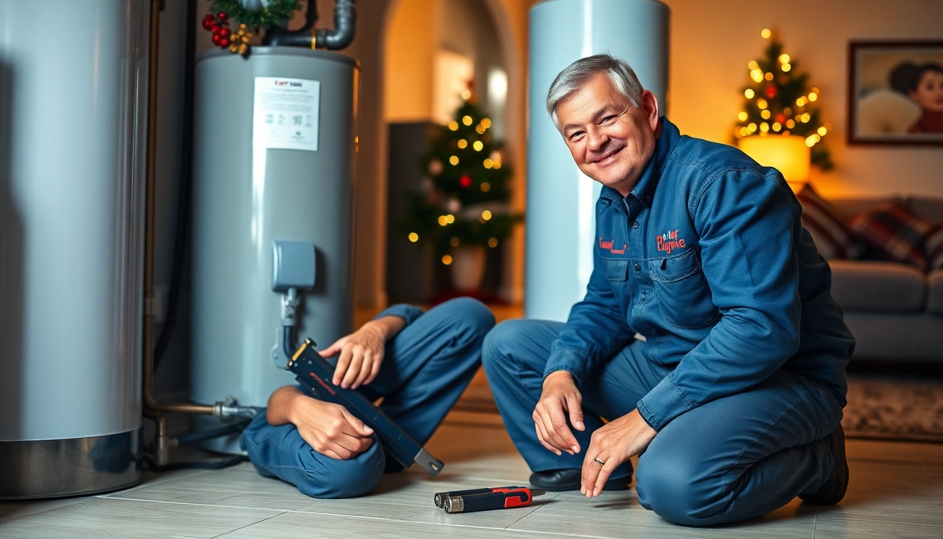 Emergency plumbers on holidays or weekends fixing a leak in a festive home, conveying trust and professionalism.