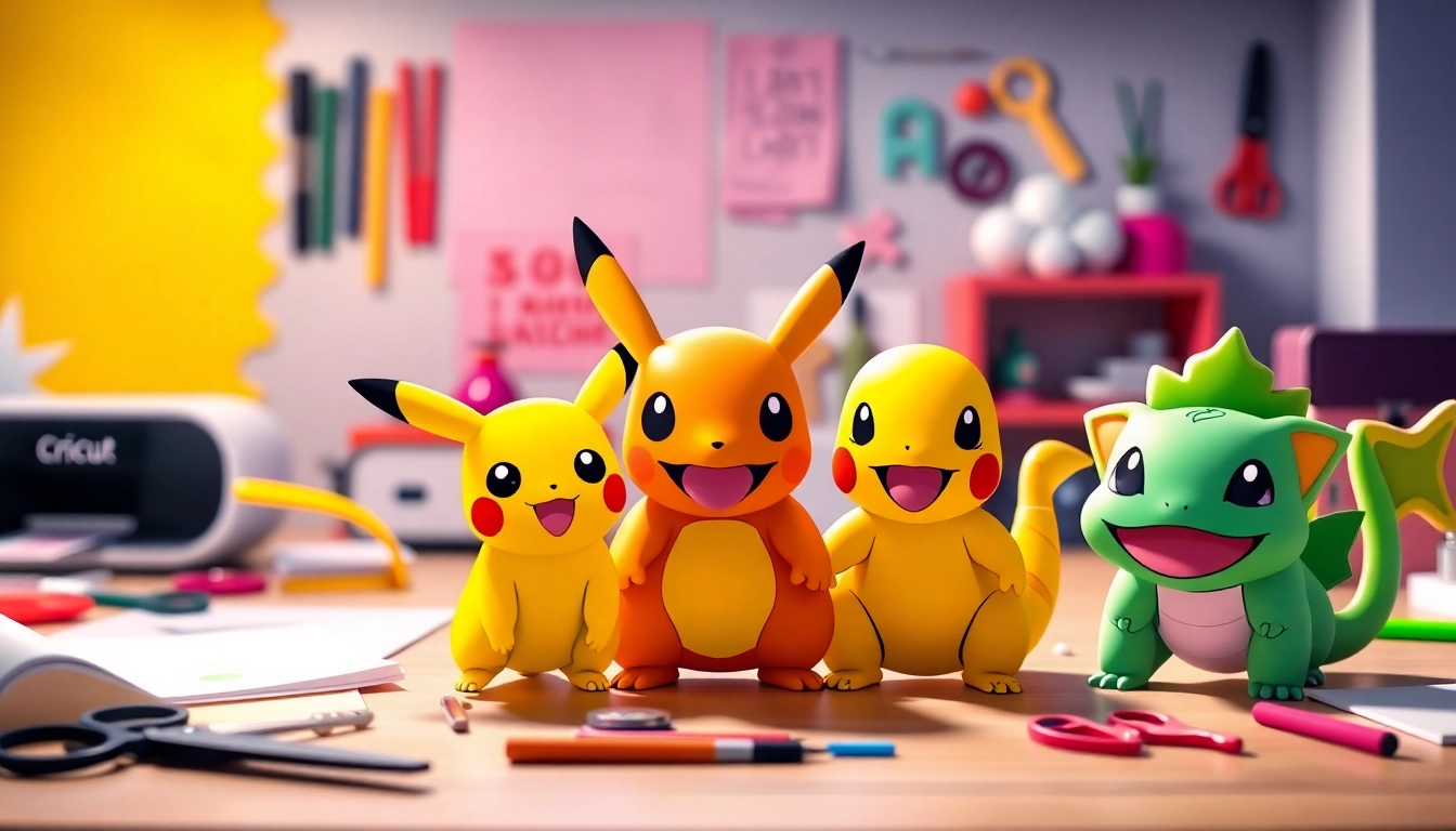 Pokémon SVG designs for Cricut featuring Pikachu and Charizard in a colorful crafting scene.