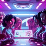 Engaging NSFW AI characters interacting in a vibrant digital chatroom environment, showcasing playful and suggestive expressions.