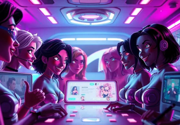 Engaging NSFW AI characters interacting in a vibrant digital chatroom environment, showcasing playful and suggestive expressions.