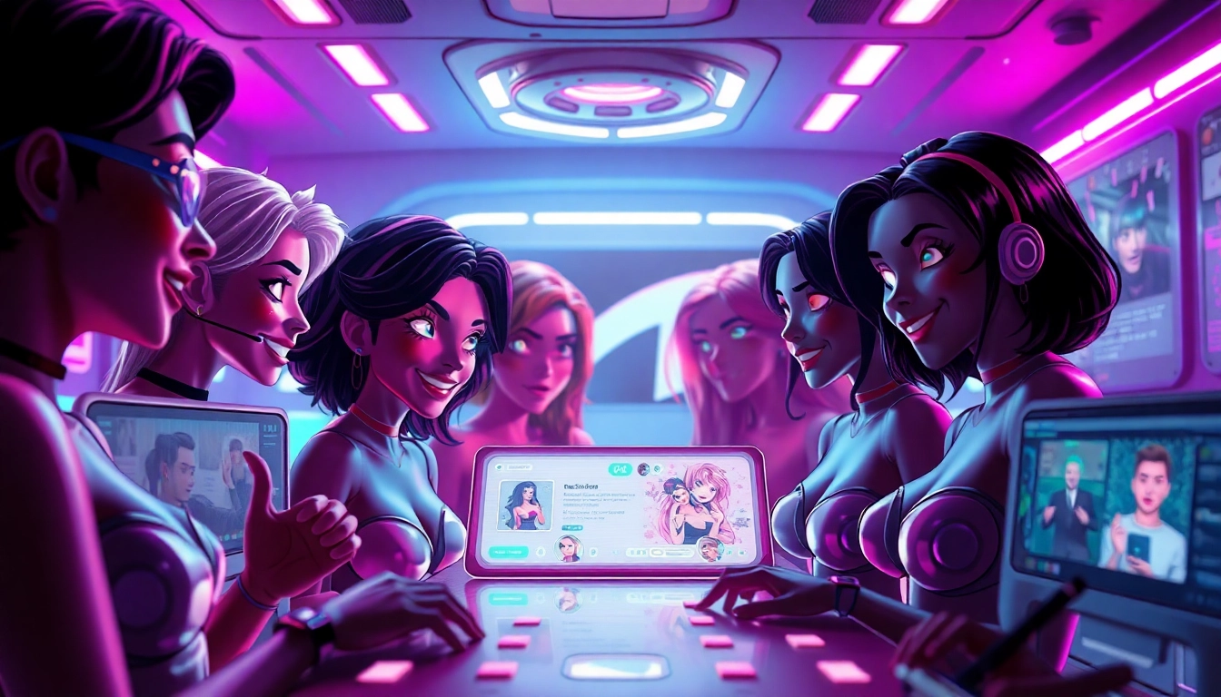 Engaging NSFW AI characters interacting in a vibrant digital chatroom environment, showcasing playful and suggestive expressions.